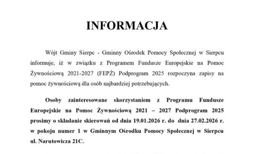 INFORMACJA ZAPISY NA POMOC ŻYWNOŚCIOWĄ DLA OSÓB NAJBARDZIEJ POTRZEBUJĄCYCH