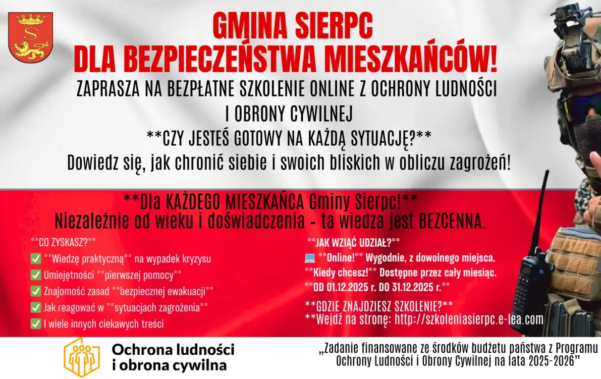 BEZPŁATNE SZKOLENIE ONLINE DLA MIESZKANCÓW GMINY SIERPC Z OCHROPNY LUDNOŚCI I OBRONY CYWILNEJ