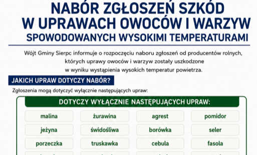 Nabór zgłoszeń szkód w uprawach owoców i warzyw spowodowanych wysokimi temperaturami