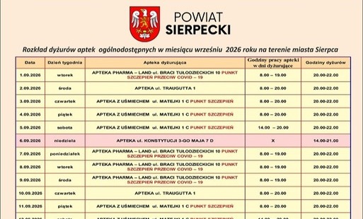 Dyżury aptek we wrześniu 2026 r.