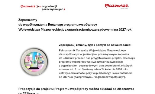 Zaproszenie do współtworzenia Rocznego programu współpracy Województwa Mazowieckiego z organizacjami pozarządowymi na 2027 rok